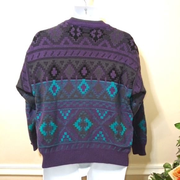 Vintage 1992 Purple Gray & Turquoise 3D Textured Aztec Patterned Grandpa Sweater - Picture 4 of 7
